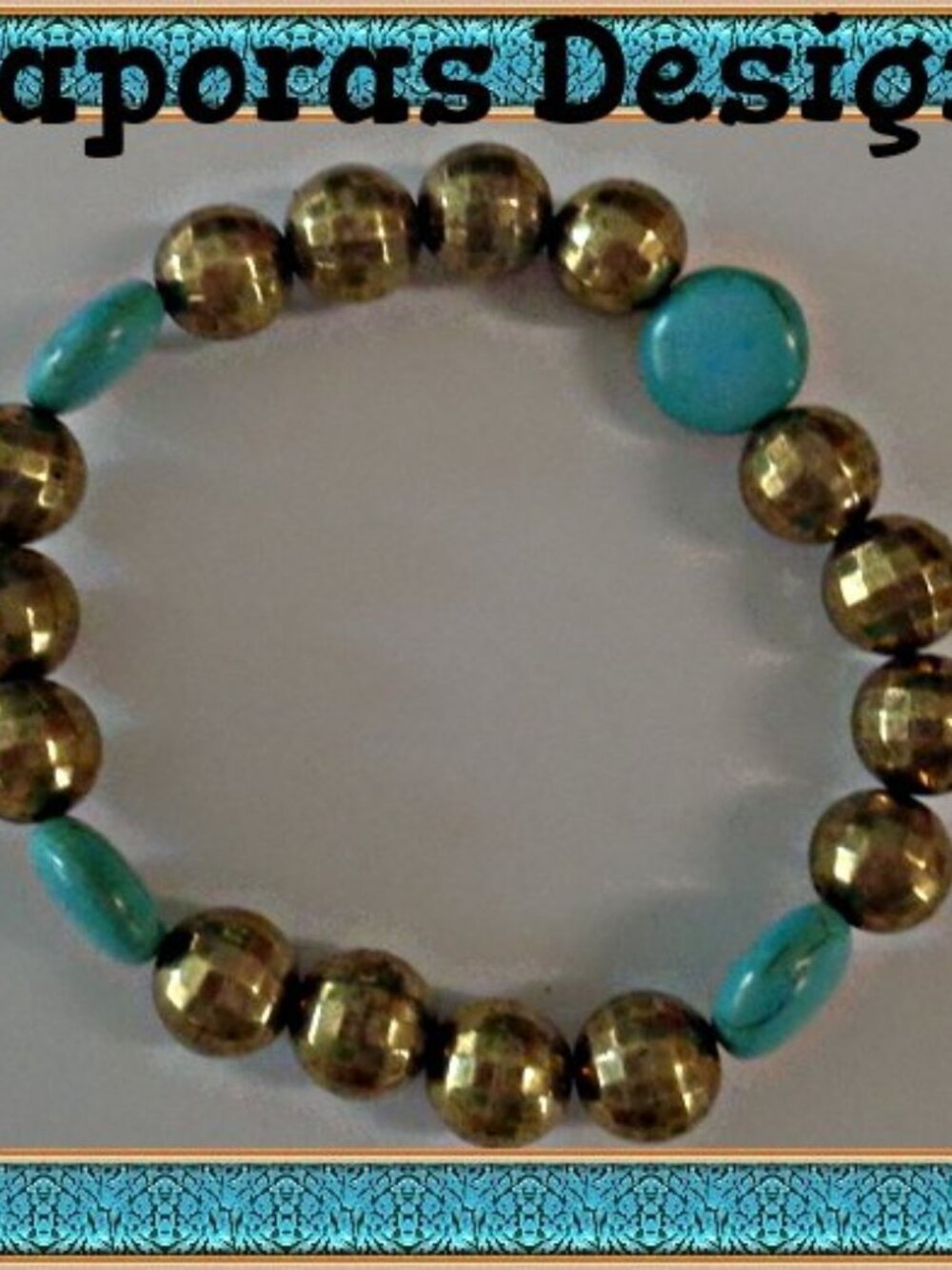Turquoise & Gold Tone Beaded Bracelet Elastic Stretchable Fits Most Wrist